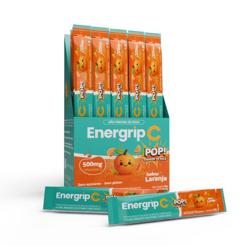 VITAMINA C 500 MG - POP TEEN - ENERGRIP - 20 STICKS - SABOR LARANJA